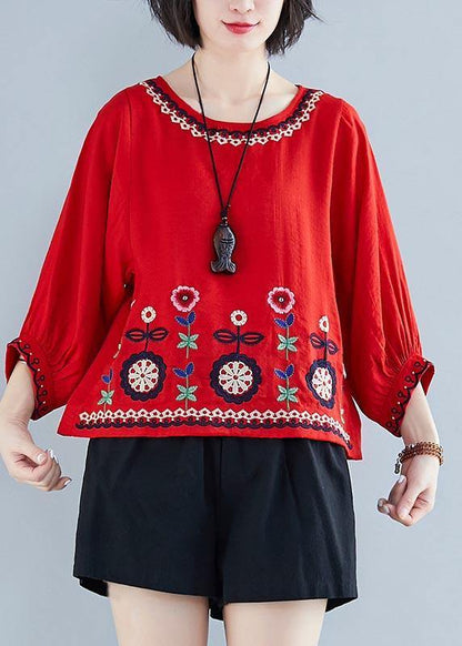 Fashion White Embroideried Batwing Sleeve Shirt Tops Summer Cotton Linen - SooLinen