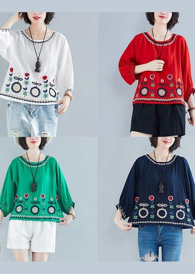 Fashion White Embroideried Batwing Sleeve Shirt Tops Summer Cotton Linen - SooLinen