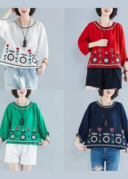 Fashion White Embroideried Batwing Sleeve Shirt Tops Summer Cotton Linen - SooLinen