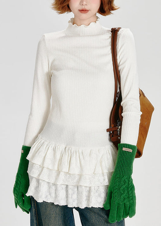 Fashion White Hign Neck Ruffled Patchwork Cotton Top Spring