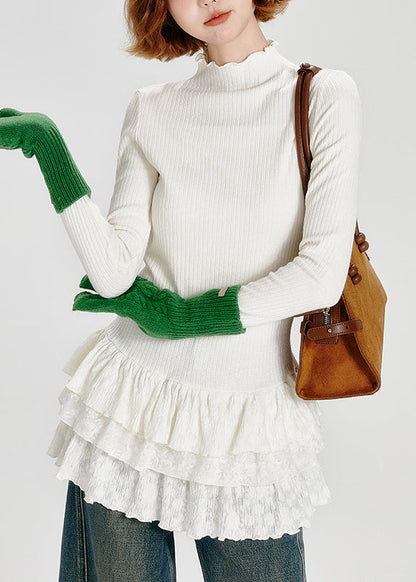 Fashion White Hign Neck Ruffled Patchwork Cotton Top Spring