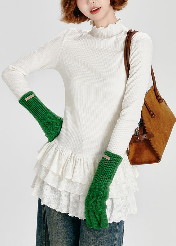 Fashion White Hign Neck Ruffled Patchwork Cotton Top Spring