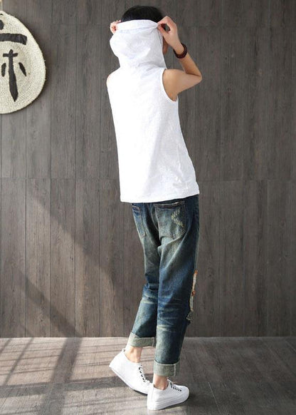 Fashion White Hooded Asymmetrical Design Summer Cotton Top Sleeveless - SooLinen