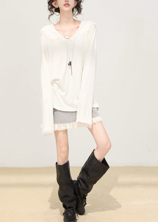 Sudadera con capucha blanca de algodón con encaje y retazos de moda para primavera