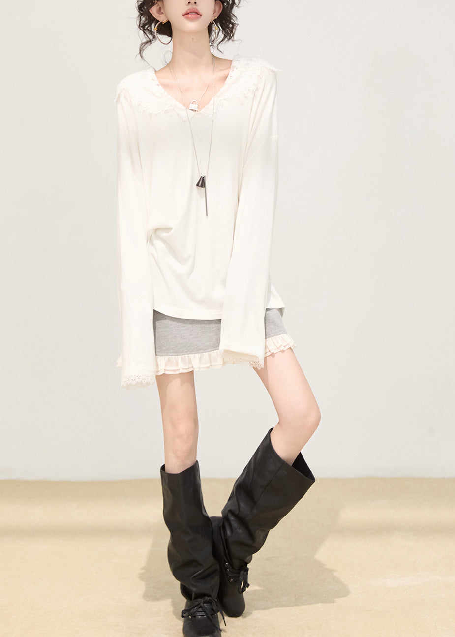 Sudadera con capucha blanca de algodón con encaje y retazos de moda para primavera