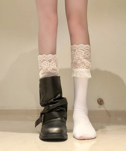 Fashion White Lace Patchwork Cotton Over The Calf Socks