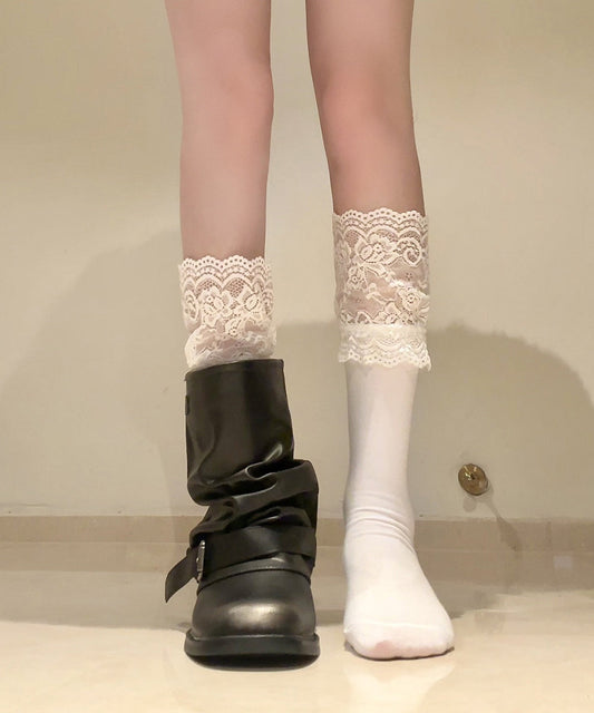 Fashion White Lace Patchwork Cotton Over The Calf Socks