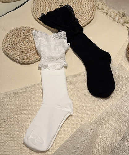 Fashion White Lace Patchwork Cotton Over The Calf Socks