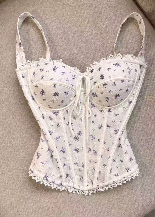 Fashion White Lace Up Print Cotton Cami Tank Summer