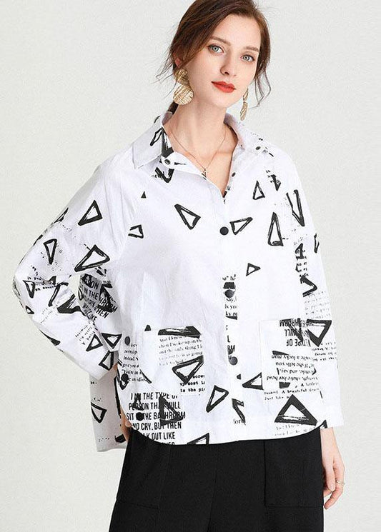Fashion White Loose Fashion Print Fall Cotton Long Sleeve Shirt Top - SooLinen