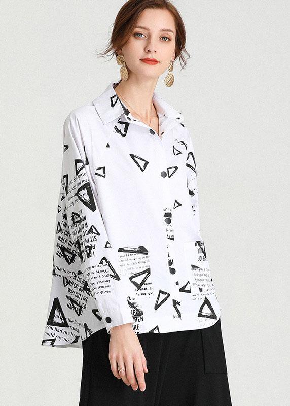 Fashion White Loose Fashion Print Fall Cotton Long Sleeve Shirt Top - SooLinen