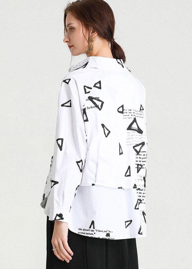 Fashion White Loose Fashion Print Fall Cotton Long Sleeve Shirt Top - SooLinen
