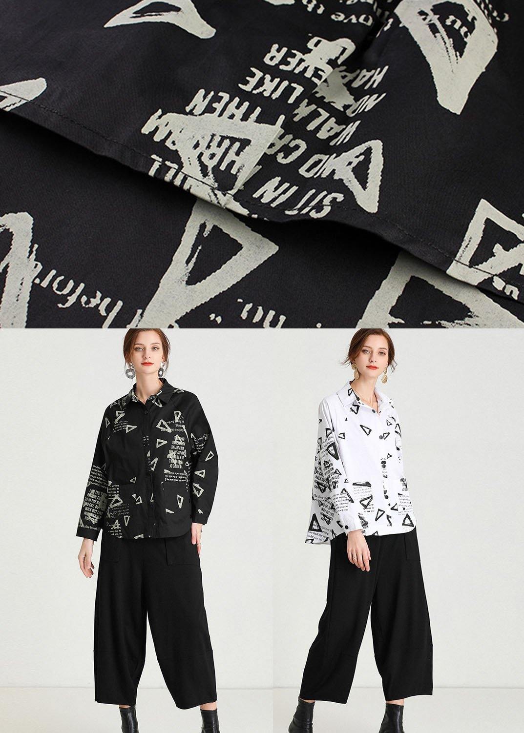 Fashion White Loose Fashion Print Fall Cotton Long Sleeve Shirt Top - SooLinen