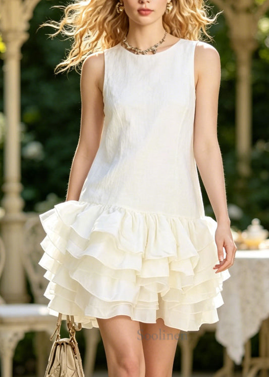 Fashion White O Neck Ruffled Patchwork Cotton Dress Sleeveless