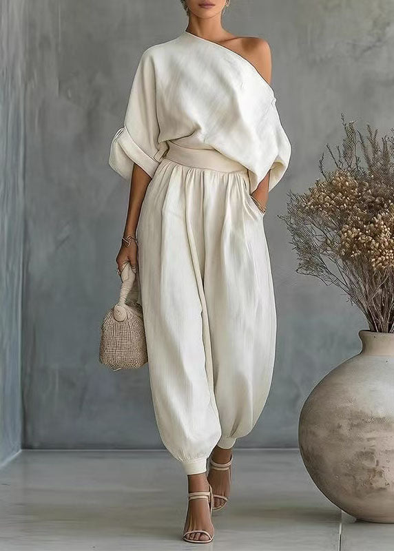 Fashion White Oversized One Shoulder Cotton Women Sets 2 Pieces Summer