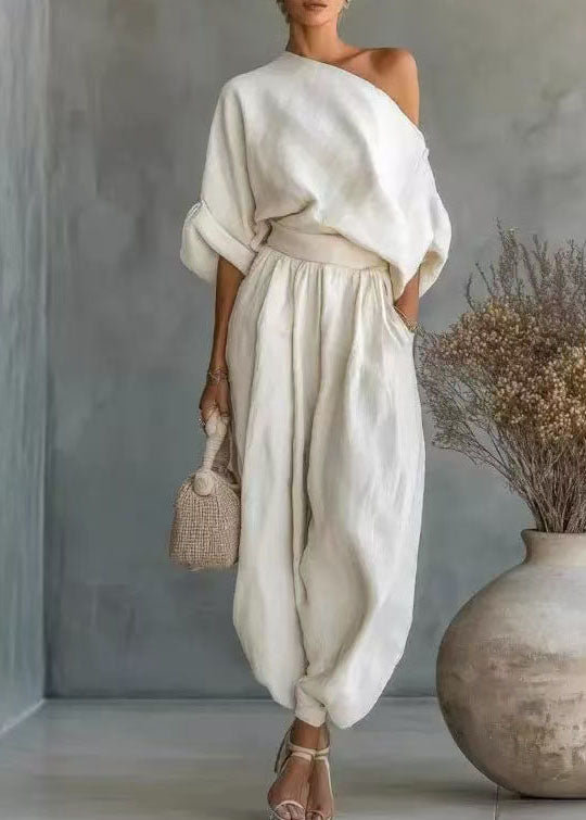 Fashion White Oversized One Shoulder Cotton Women Sets 2 Pieces Summer