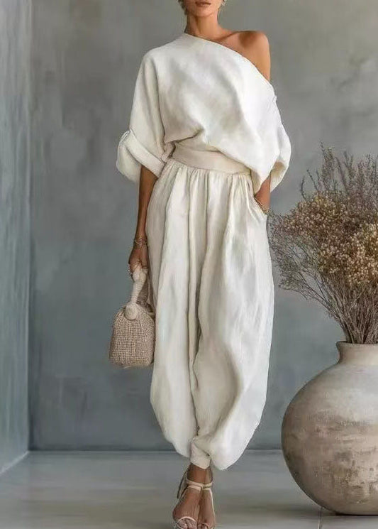 Fashion White Oversized One Shoulder Cotton Women Sets 2 Pieces Summer