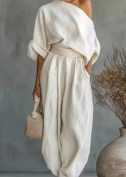 Fashion White Oversized One Shoulder Cotton Women Sets 2 Pieces Summer