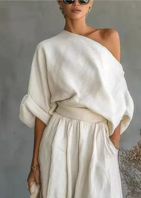 Fashion White Oversized One Shoulder Cotton Women Sets 2 Pieces Summer