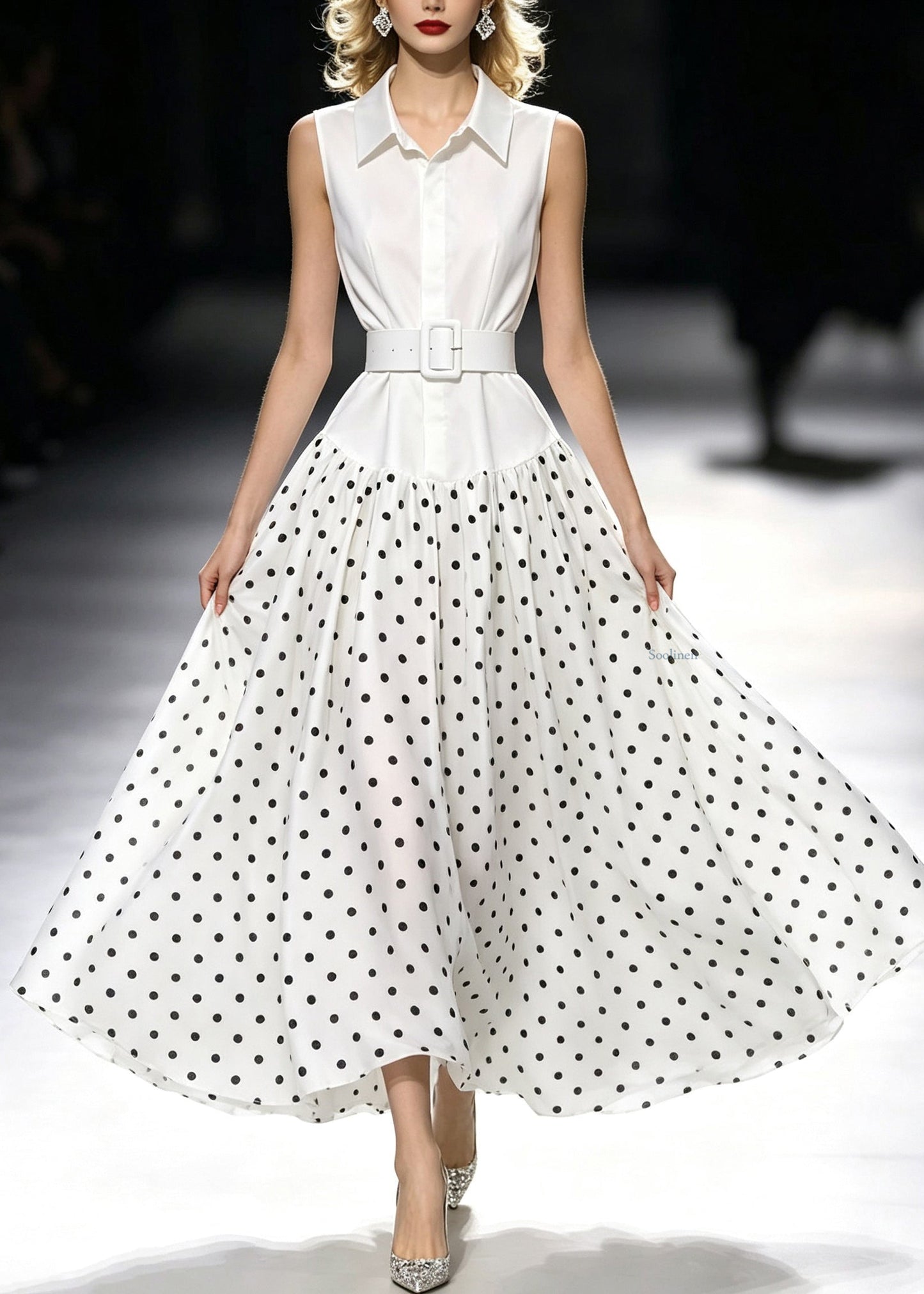 Fashion White Peter Pan Collar Dot Print Maxi Dress Sleeveless