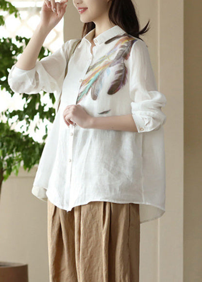 Camisas de ramio con estampado de cuello Peter Pan blanco de moda para primavera