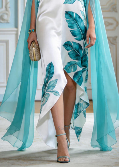 Fashion White Print Patchwork Tulle Low High Design Silk Dress Summer