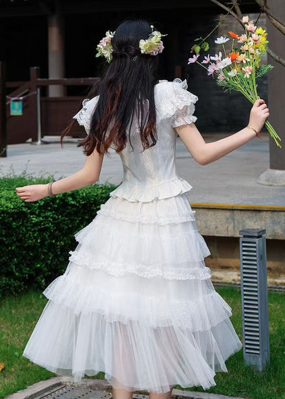 Fashion White Ruffled Lace Two Pieces Set Summer