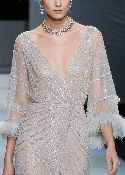 Fashion White Sequins Patchwork Faux Fur Tulle Dresses Summer