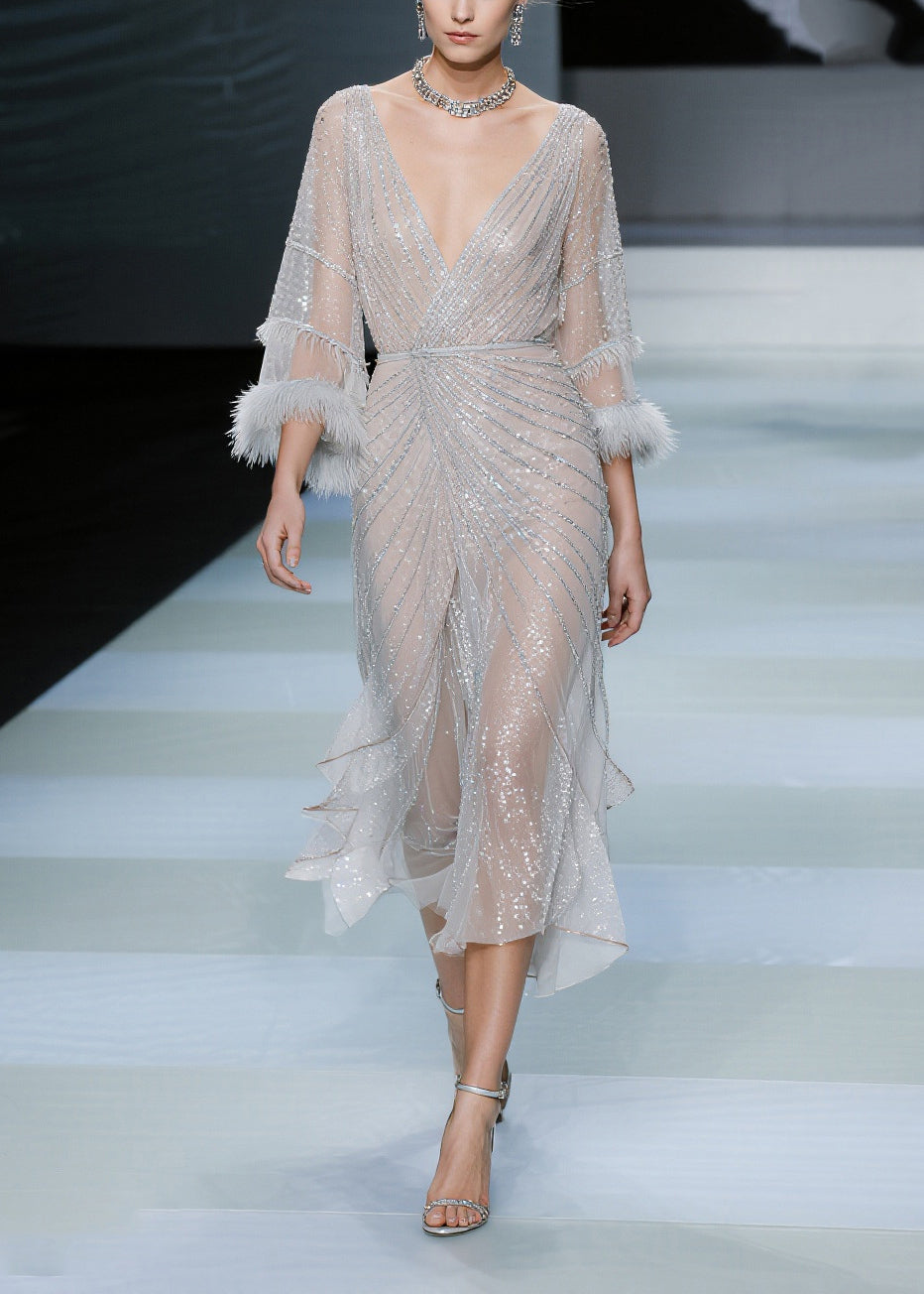 Fashion White Sequins Patchwork Faux Fur Tulle Dresses Summer