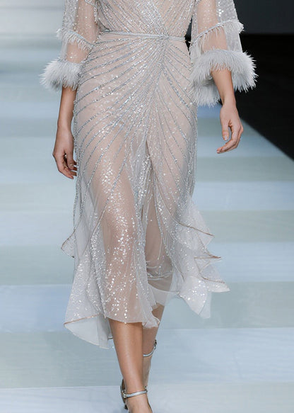 Fashion White Sequins Patchwork Faux Fur Tulle Dresses Summer