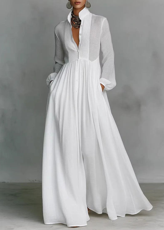 Fashion White Stand Collar Pockets Patchwork Cotton Dress Long Sleeve