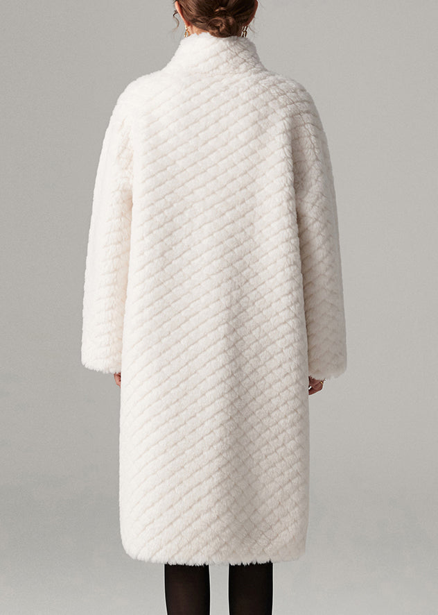 Abrigos largos de piel sintética lisa con bolsillos y cuello alto blanco de moda para invierno