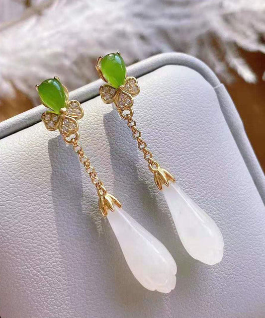 Mode Weiß Sterling Silber Overgilt Jade Magnolia Tropfen Ohrringe