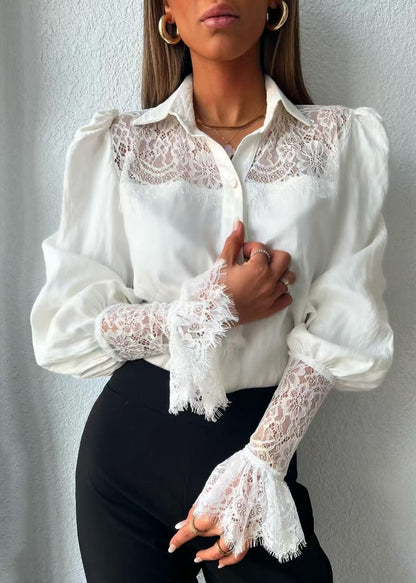Fashion White Turn-Down Collar Patchwork Lace Shirt Tops Fall