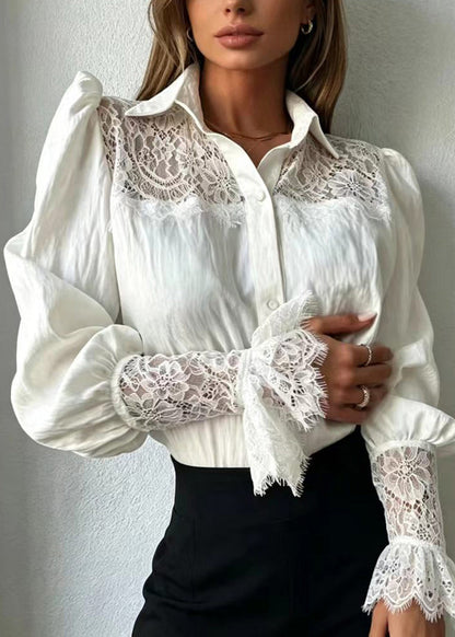 Fashion White Turn-Down Collar Patchwork Lace Shirt Tops Fall