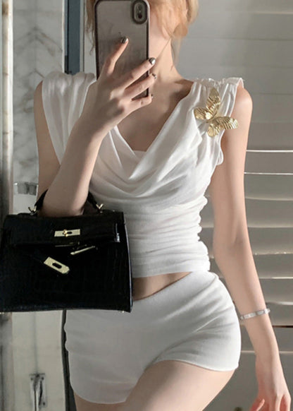 Fashion White Turtle Neck Butterfly Decorated Vests Sleeveless