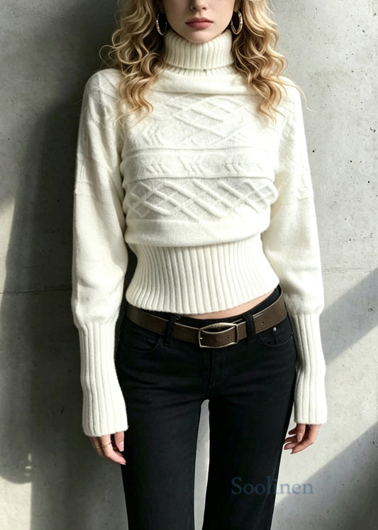 Fashion White Turtleneck Knit Sweaters Batwing Sleeve