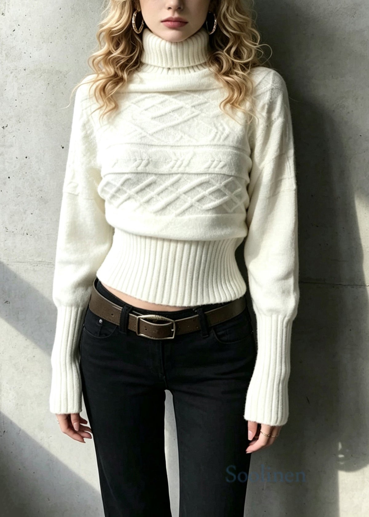 Fashion White Turtleneck Knit Sweaters Batwing Sleeve