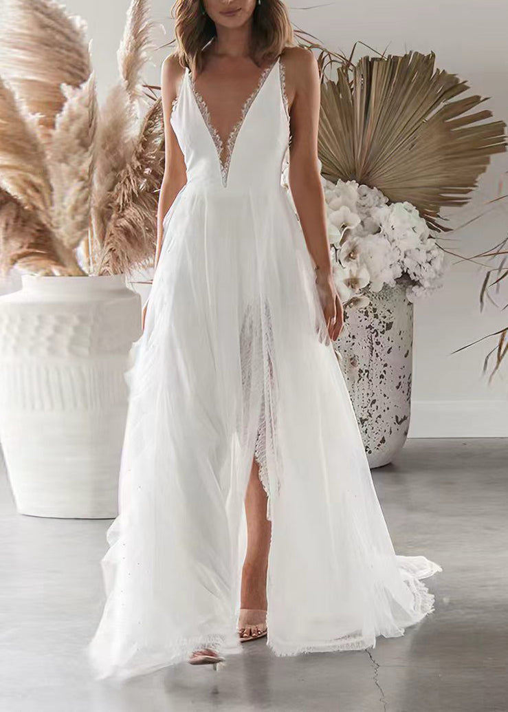 Fashion White V Neck Backless Side Open Dress Sleeveless