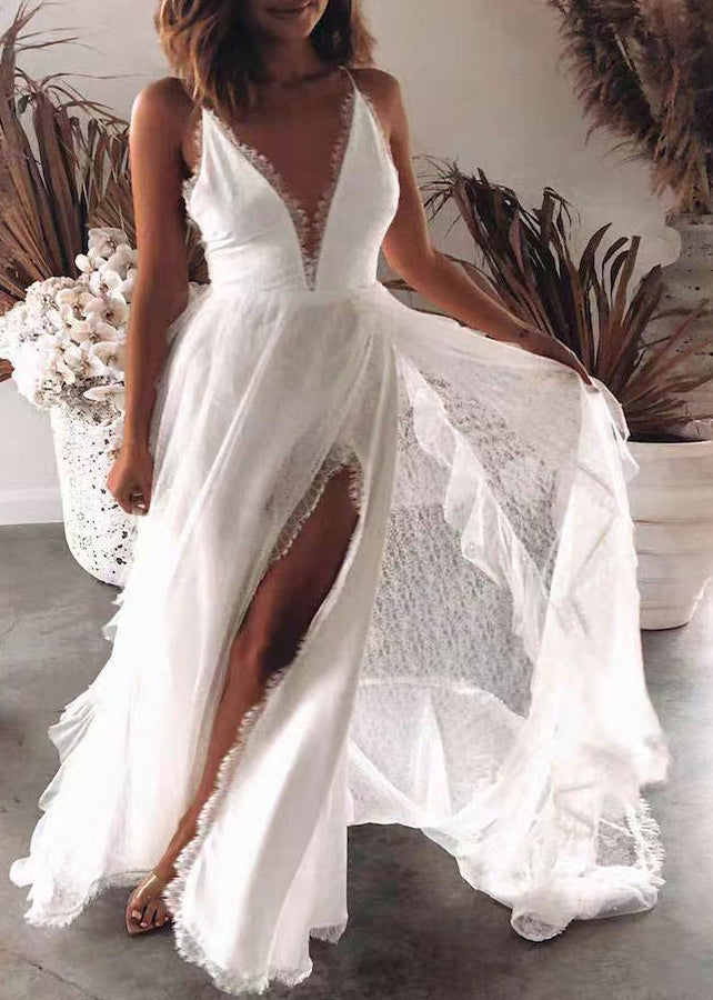 Fashion White V Neck Backless Side Open Dress Sleeveless