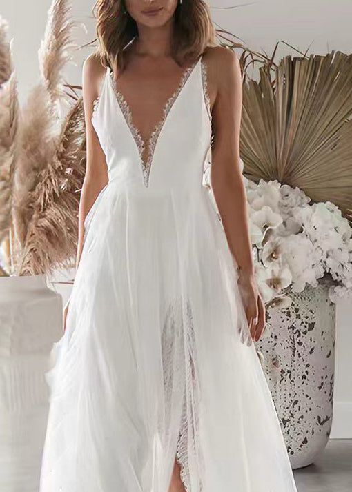 Fashion White V Neck Backless Side Open Dress Sleeveless