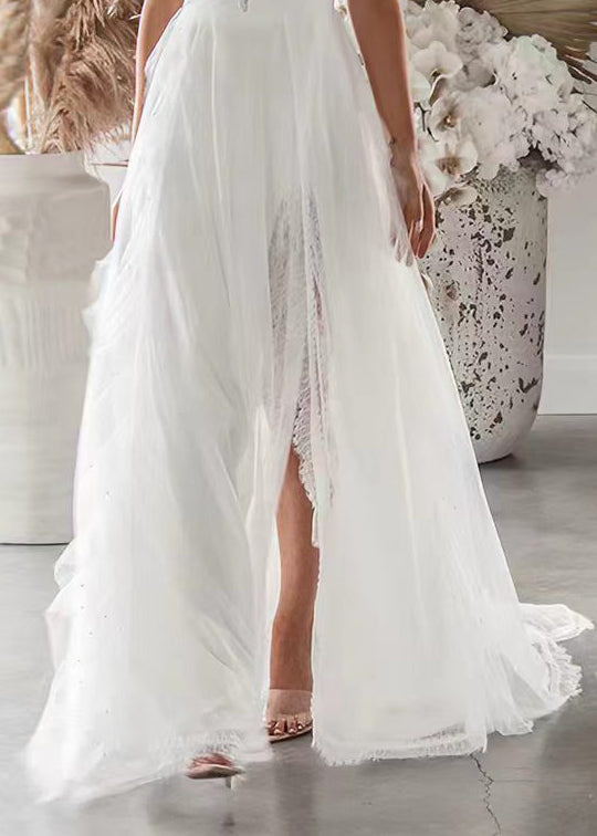 Fashion White V Neck Backless Side Open Dress Sleeveless
