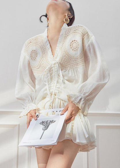 Fashion White V Neck Drawstring Shirt And Skirts Two Piece Set Spring