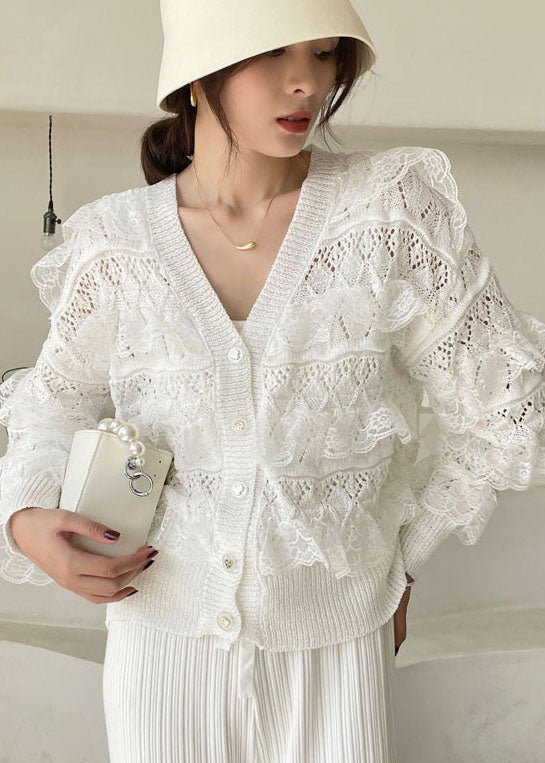 Mode Weiß V-ausschnitt Aushöhlen Rüschen Blusen Frühling