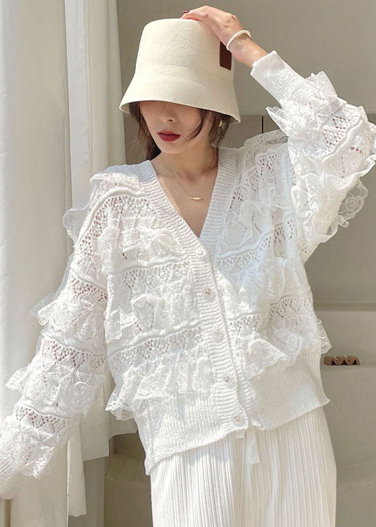 Mode Weiß V-ausschnitt Aushöhlen Rüschen Blusen Frühling