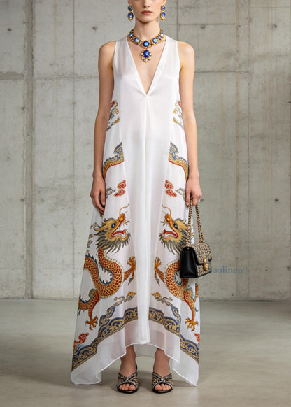 Fashion White V Neck Oriental Print Chiffon Long Dress Sleeveless
