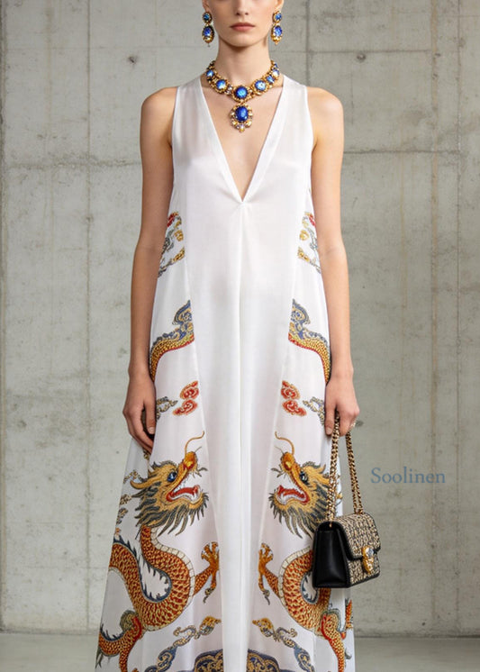 Fashion White V Neck Oriental Print Chiffon Long Dress Sleeveless