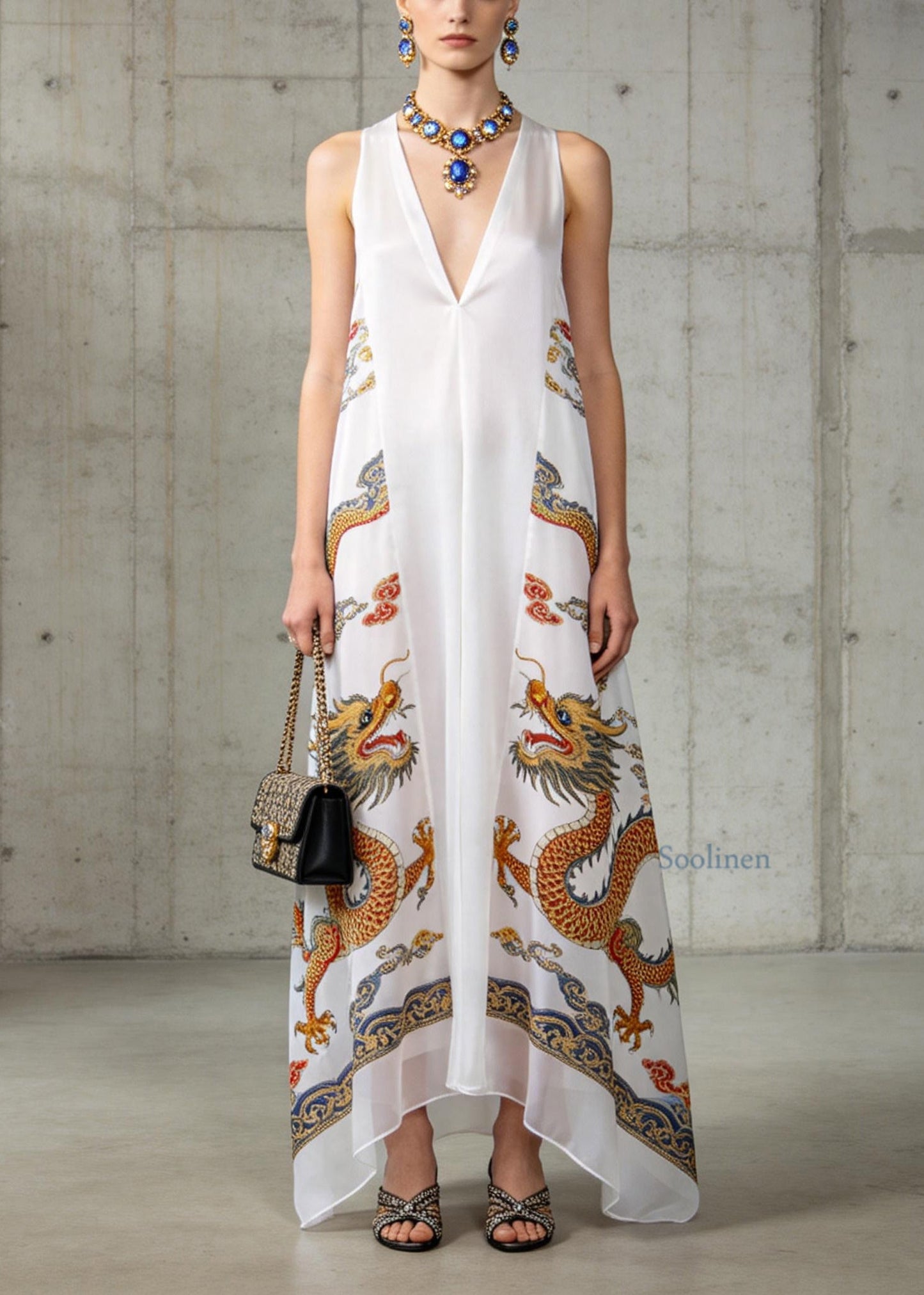 Fashion White V Neck Oriental Print Chiffon Long Dress Sleeveless