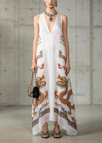 Fashion White V Neck Oriental Print Chiffon Long Dress Sleeveless