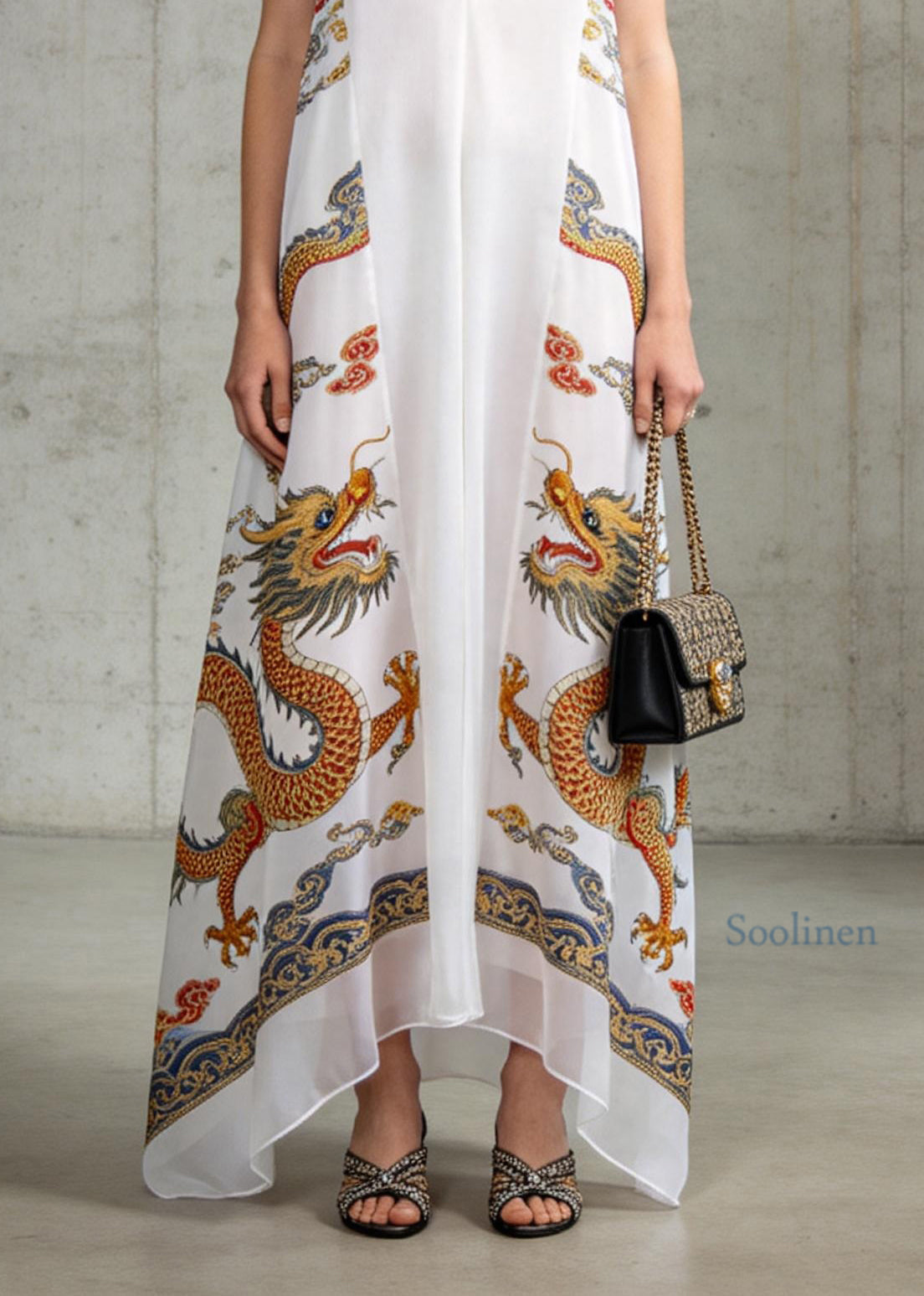 Fashion White V Neck Oriental Print Chiffon Long Dress Sleeveless